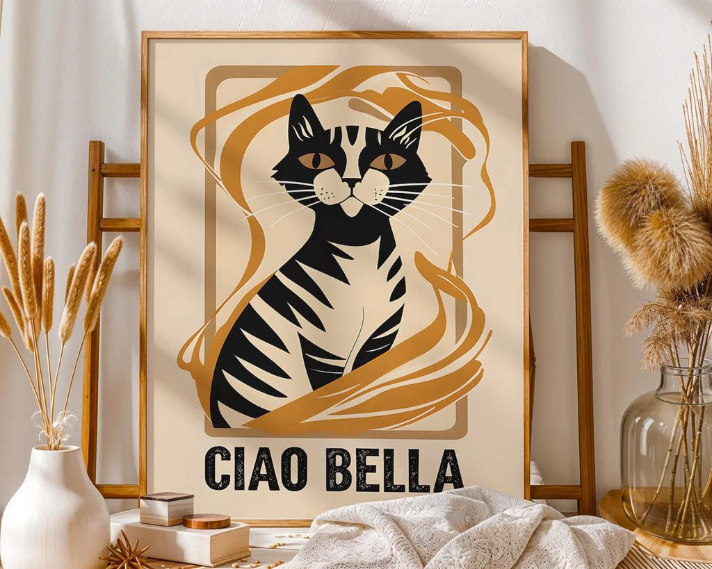 Ciao Bella Cat Art Print | Italian Inspired Animal Illustration wall art print, modern home decor, unframed artwork by Nomad & Nest