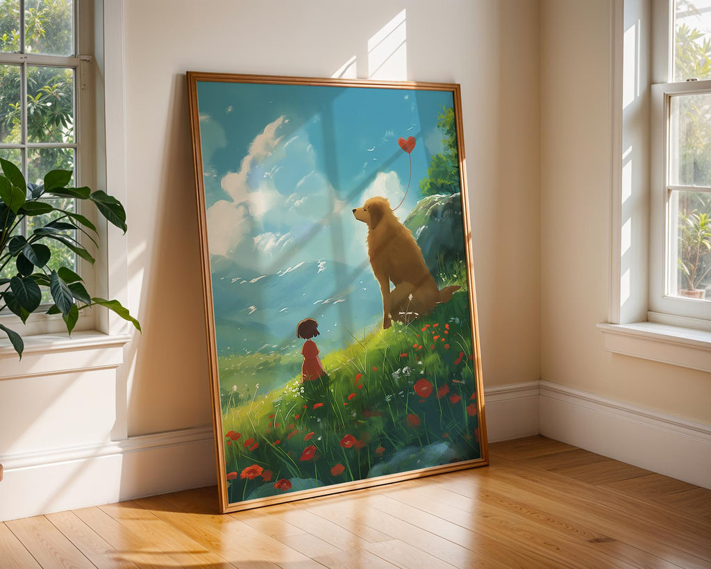 Girl and Dog Meadow Art Print | Whimsical Animal Illustration wall art print, modern home decor, unframed artwork by Nomad & Nest