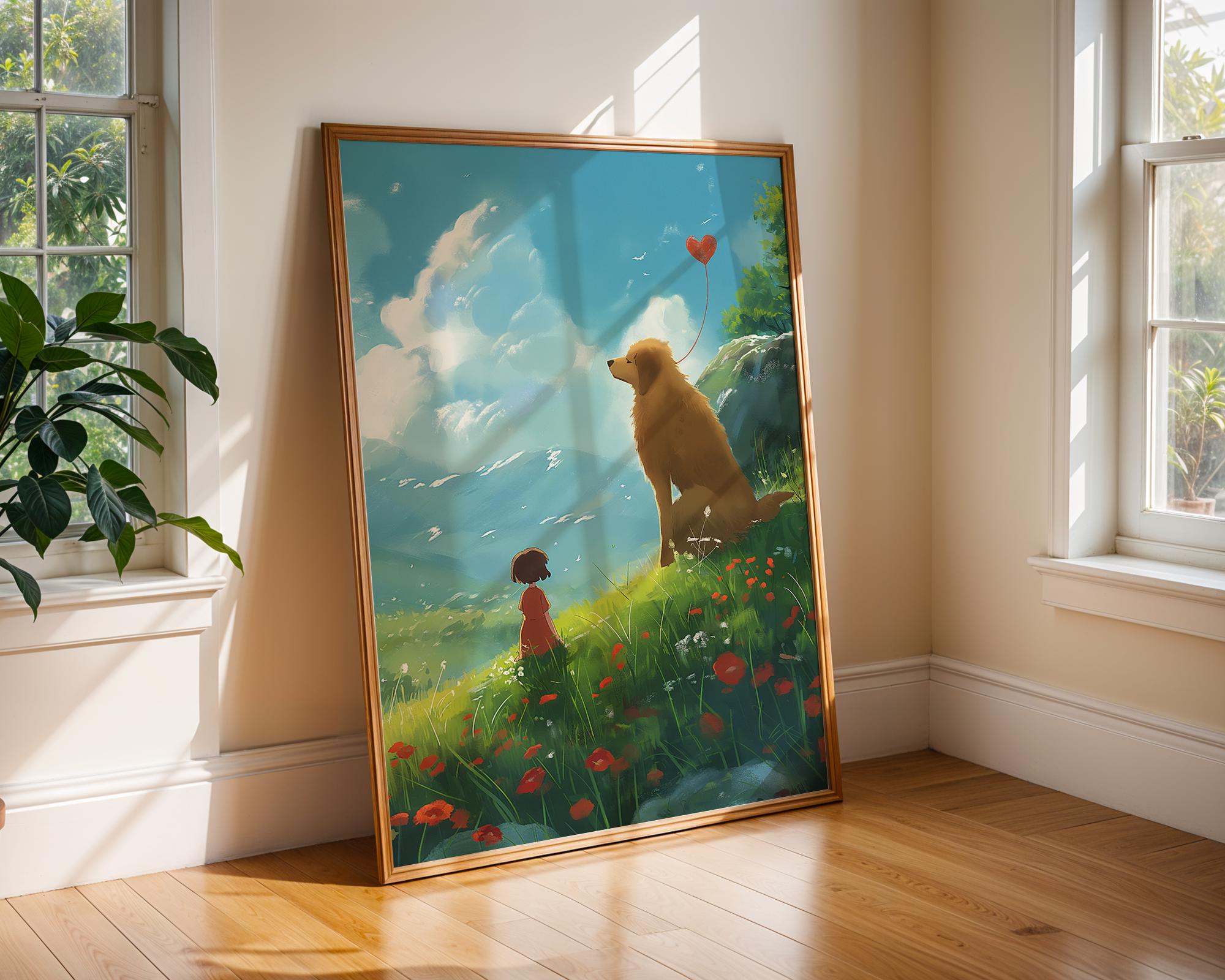 Girl and Dog Meadow Art Print | Whimsical Animal Illustration wall art print, modern home decor, unframed artwork by Nomad & Nest
