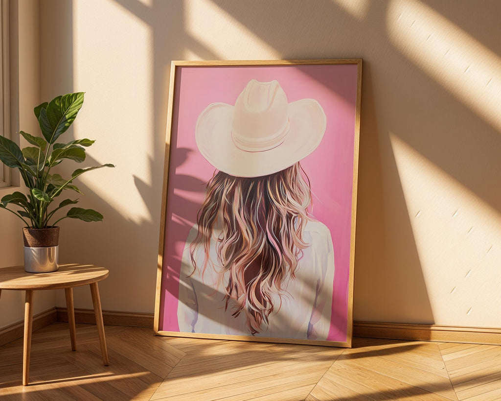 Coastal Cowgirl Art Print | Blonde Hair, Pink Western Decor wall art print, modern home decor, unframed artwork by Nomad & Nest