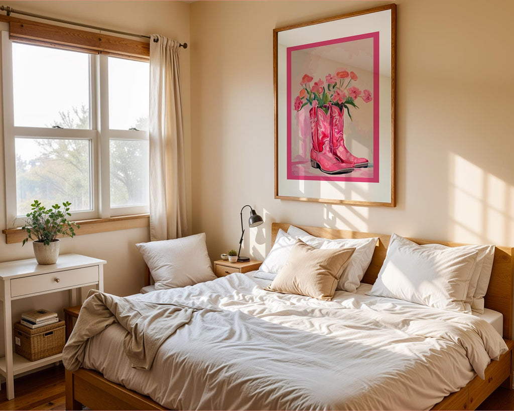 Pink Cowboy Boots Floral Print | Retro Western Wall Art wall art print, modern home decor, unframed artwork by Nomad & Nest