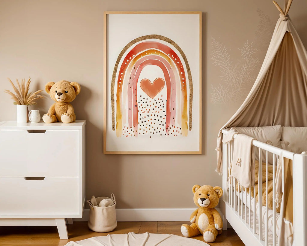 Playroom Ideas | Boho Rainbow Nursery Wall Art | Neutral Heart Baby Print wall art print, modern home decor, unframed artwork by Nomad & Nest