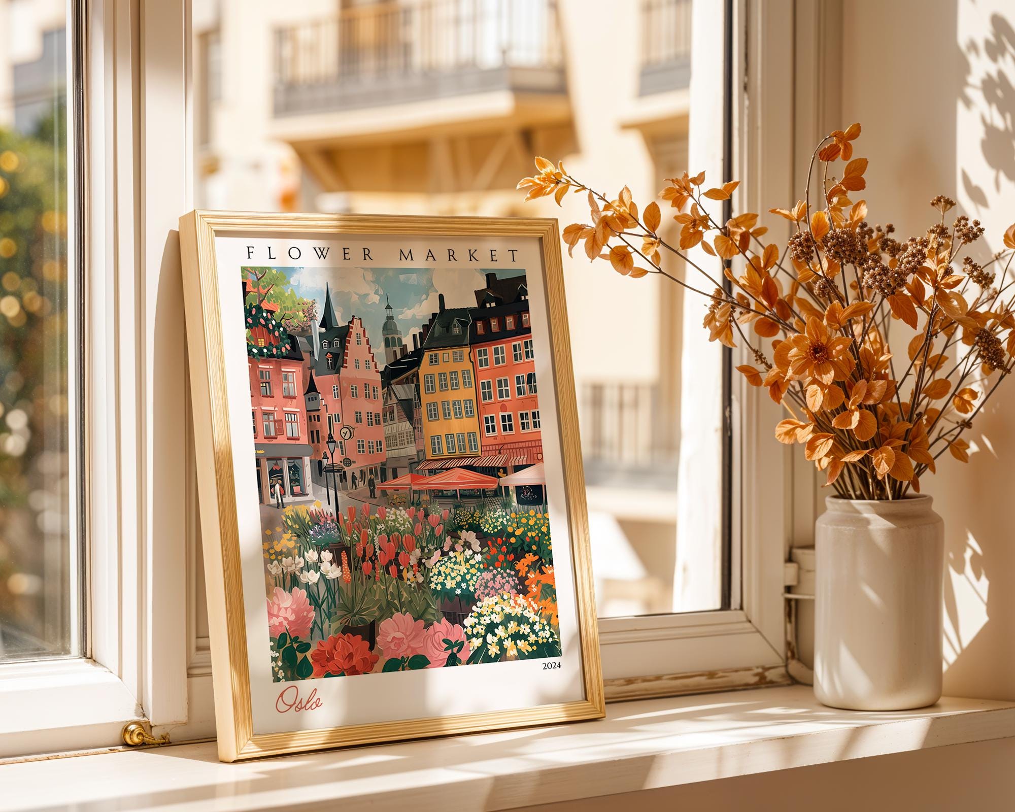 Oslo Flower Market Print | Scandinavian Cityscape Travel Poster wall art print, modern home decor, unframed artwork by Nomad & Nest