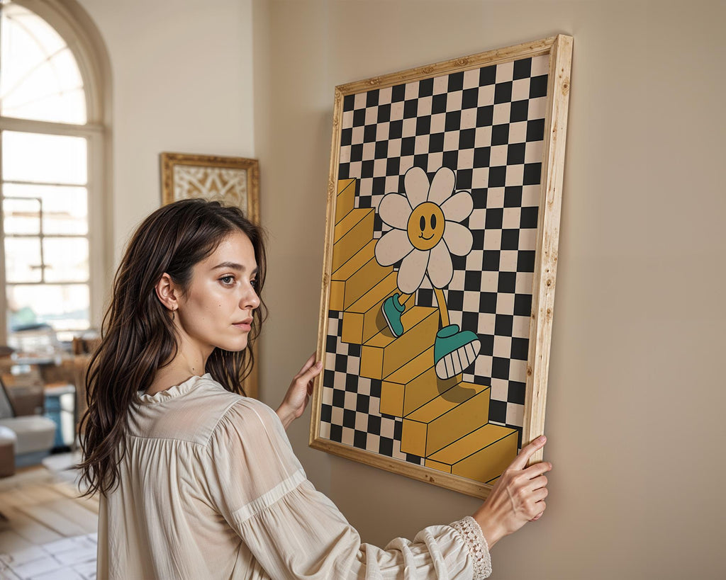 Modern Pop Art | Retro 70s Daisy Flower Print | Checkerboard Staircase  Poster wall art print, modern home decor, unframed artwork by Nomad & Nest