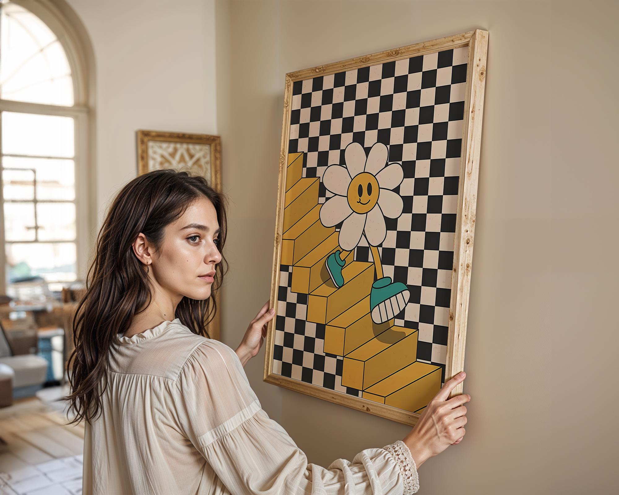 Modern Pop Art | Retro 70s Daisy Flower Print | Checkerboard Staircase  Poster wall art print, modern home decor, unframed artwork by Nomad & Nest