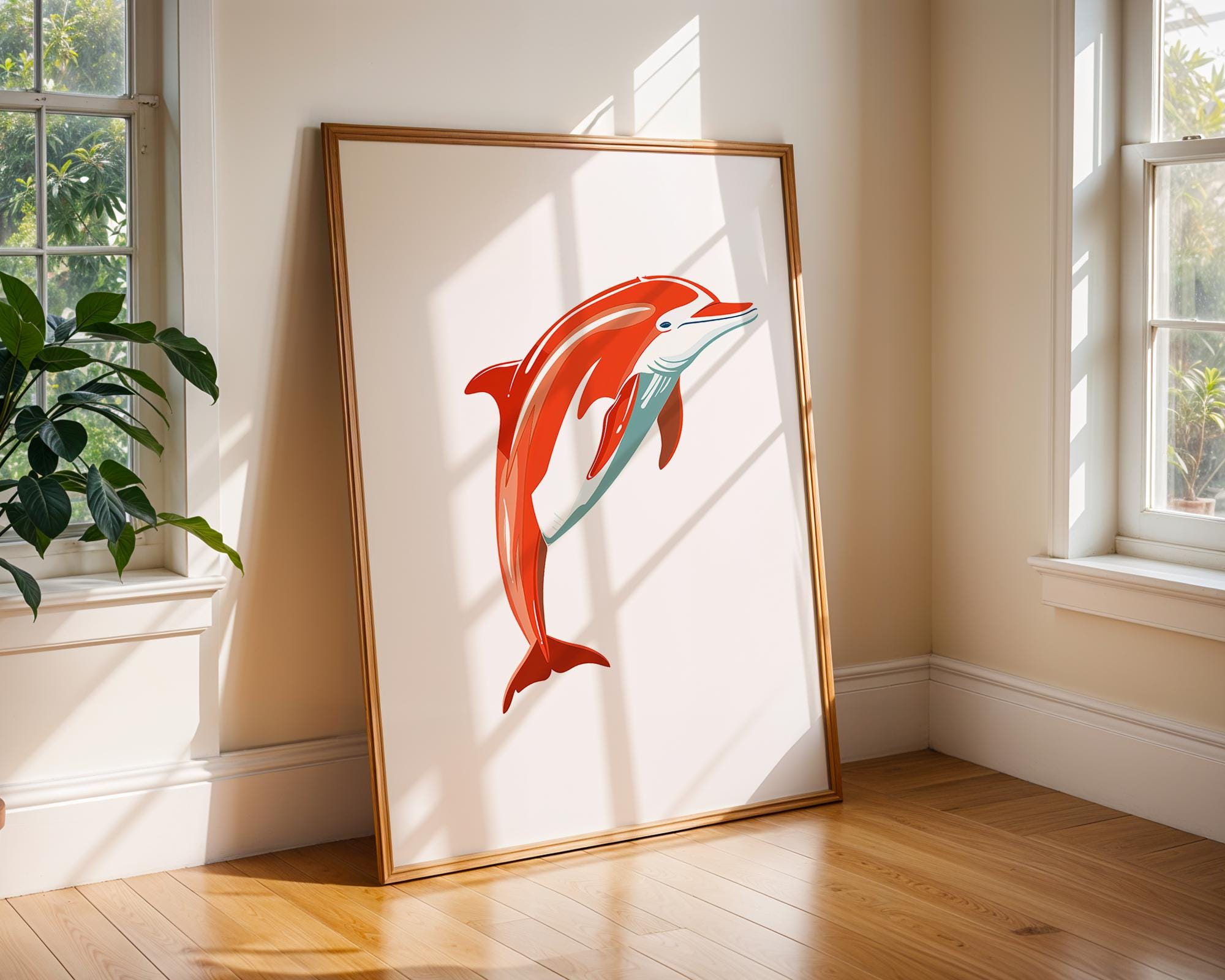 Red Dolphin Print | Playful Sea Mammal Wall Art wall art print, modern home decor, unframed artwork by Nomad & Nest