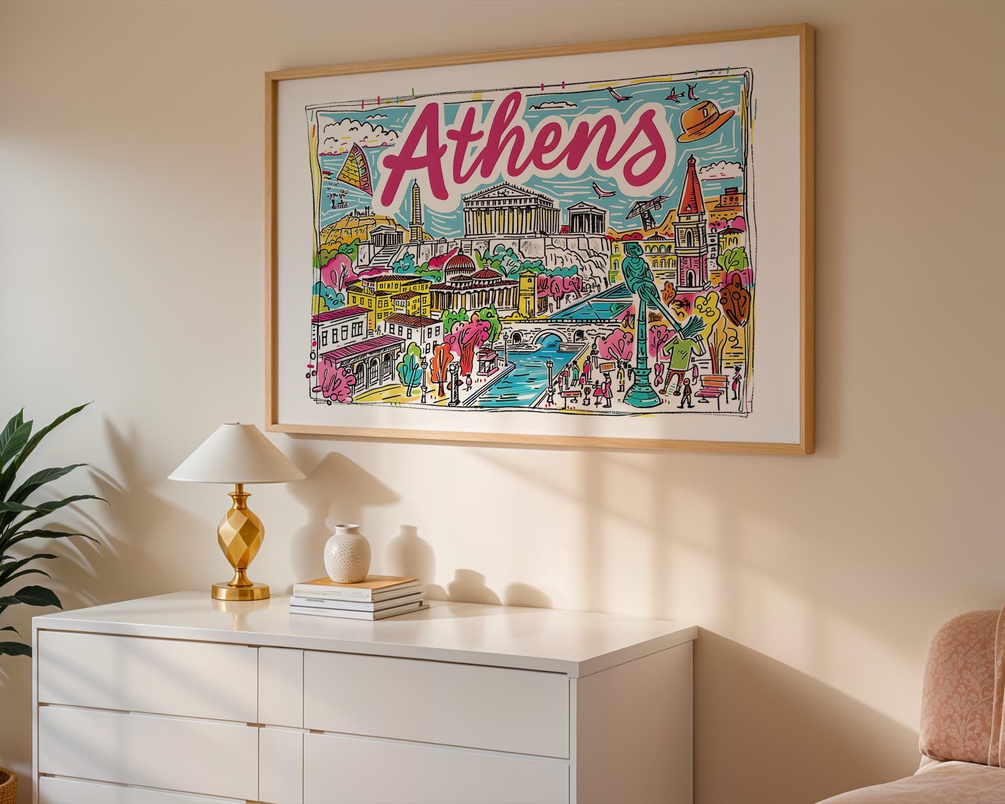 Athens Greece Travel Poster | Colorful Parthenon Art Print wall art print, modern home decor, unframed artwork by Nomad & Nest