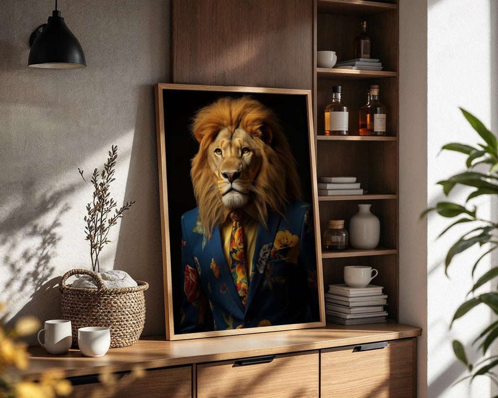 Floral Suit Lion Art Print | Whimsical Animal Wall Decor wall art print, modern home decor, unframed artwork by Nomad & Nest
