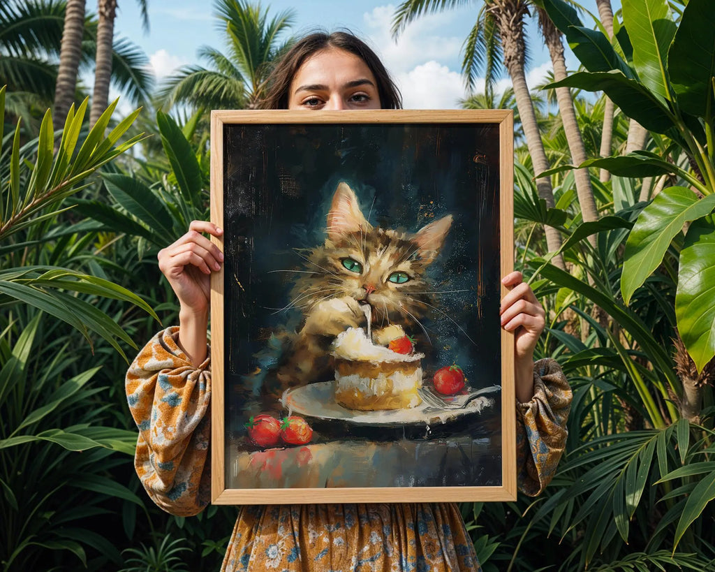 Kitten Eating Cake Art Print | Whimsical Dark Academia Decor wall art print, modern home decor, unframed artwork by Nomad & Nest