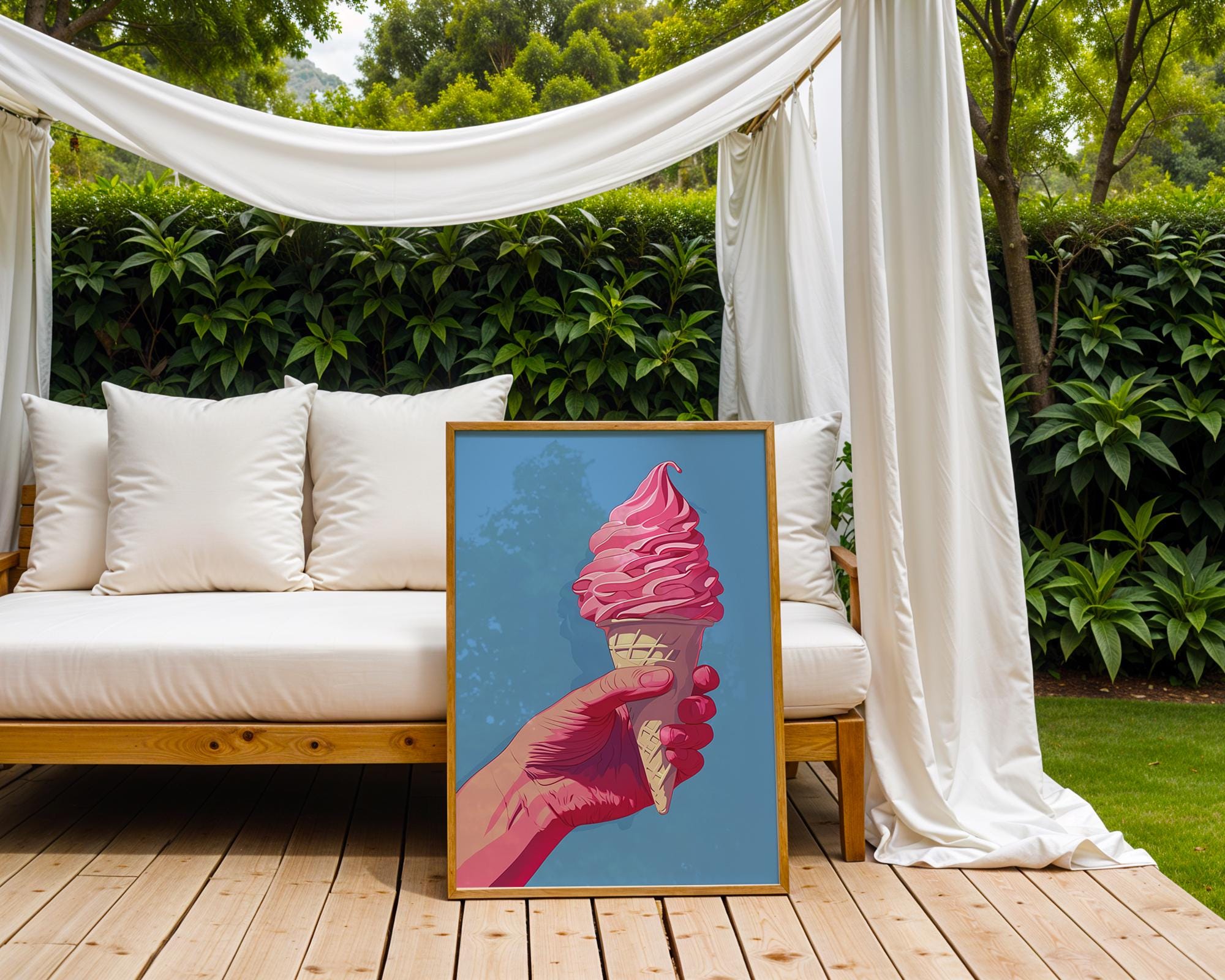 Colourful Prints | Pink Ice Cream Cone Art Print | Retro Summer Dessert Poster wall art print, modern home decor, unframed artwork by Nomad & Nest