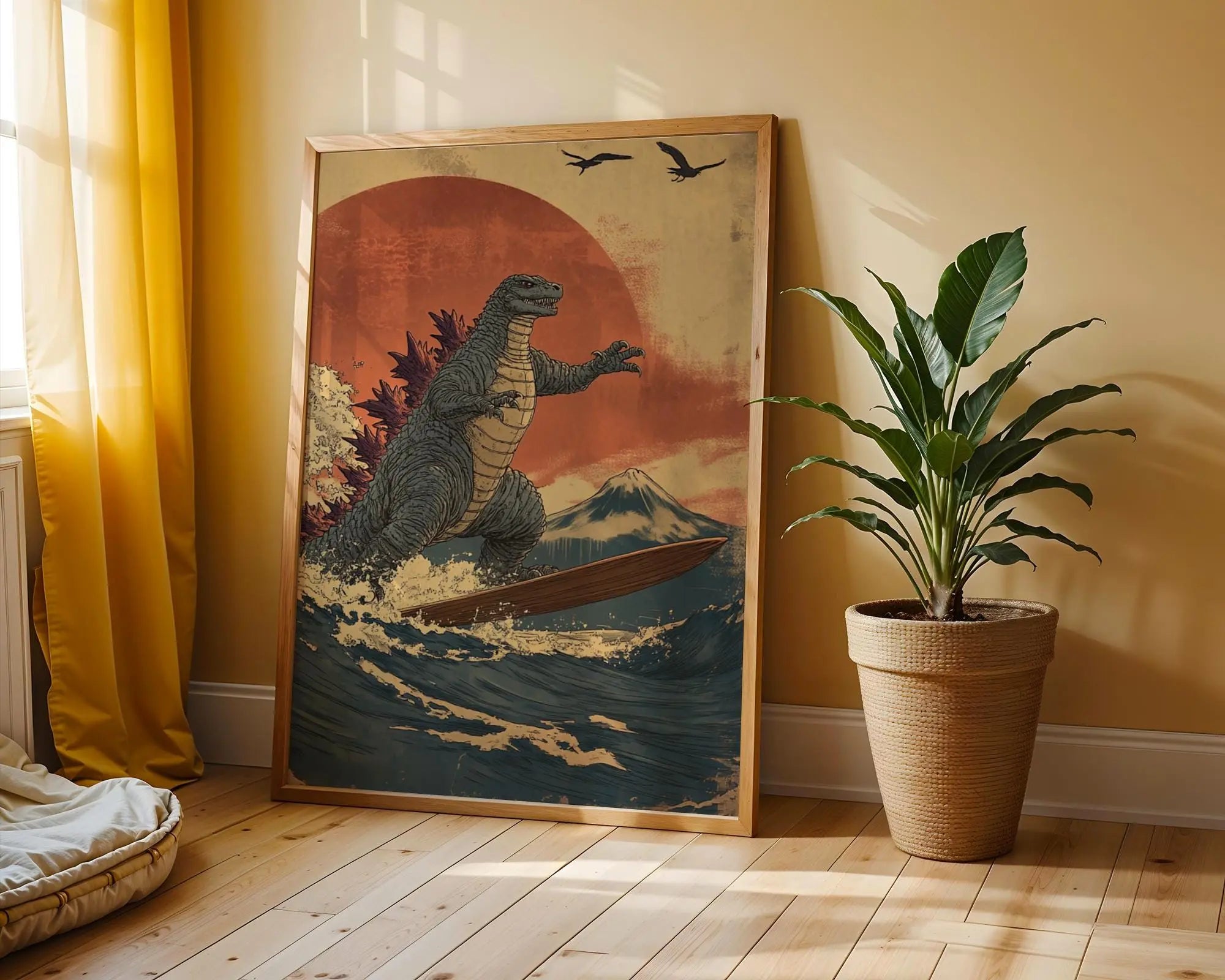 Japanese Poster | Godzilla Surfing Ukiyo-e Print –  Wave, Kaiju Art wall art print, modern home decor, unframed artwork by Nomad & Nest