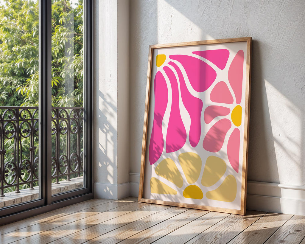 Pink and Yellow Floral Art Print | Groovy Mid Century Modern Decor wall art print, modern home decor, unframed artwork by Nomad & Nest