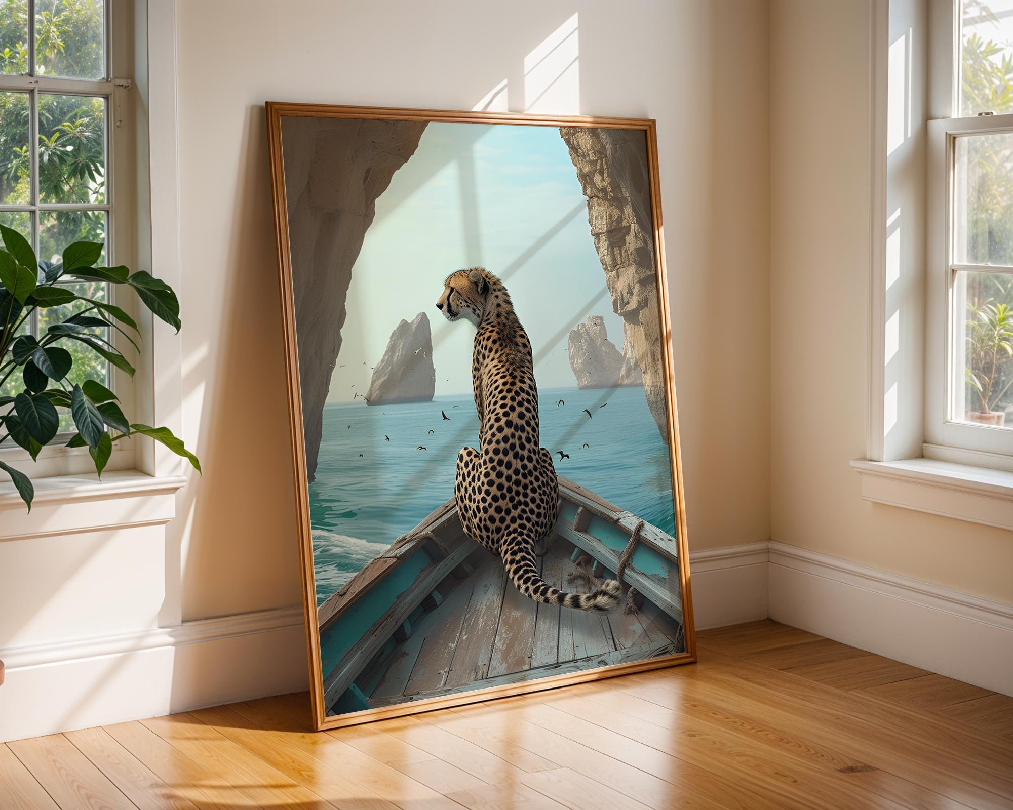 Colourful Prints | Cheetah on Boat Art Print | Coastal Safari Wall Decor wall art print, modern home decor, unframed artwork by Nomad & Nest