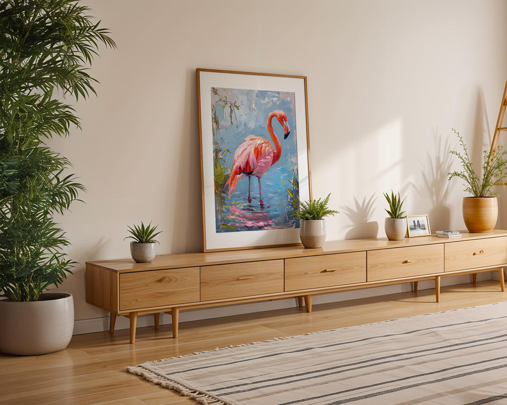 Modern Pop Art | Pink Flamingo Oil Painting | Tropical Bird Lake Scene Canvas Print wall art print, modern home decor, unframed artwork by Nomad & Nest