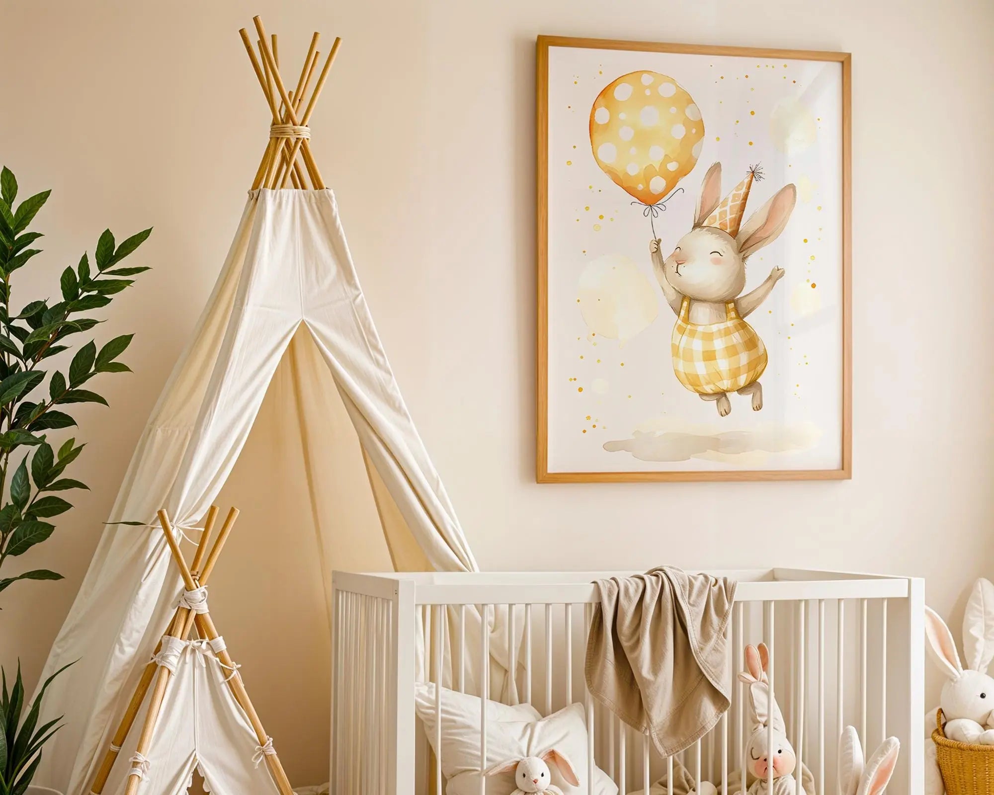 Playroom Ideas | Party Bunny with Balloon Nursery Art – Birthday Baby Print wall art print, modern home decor, unframed artwork by Nomad & Nest