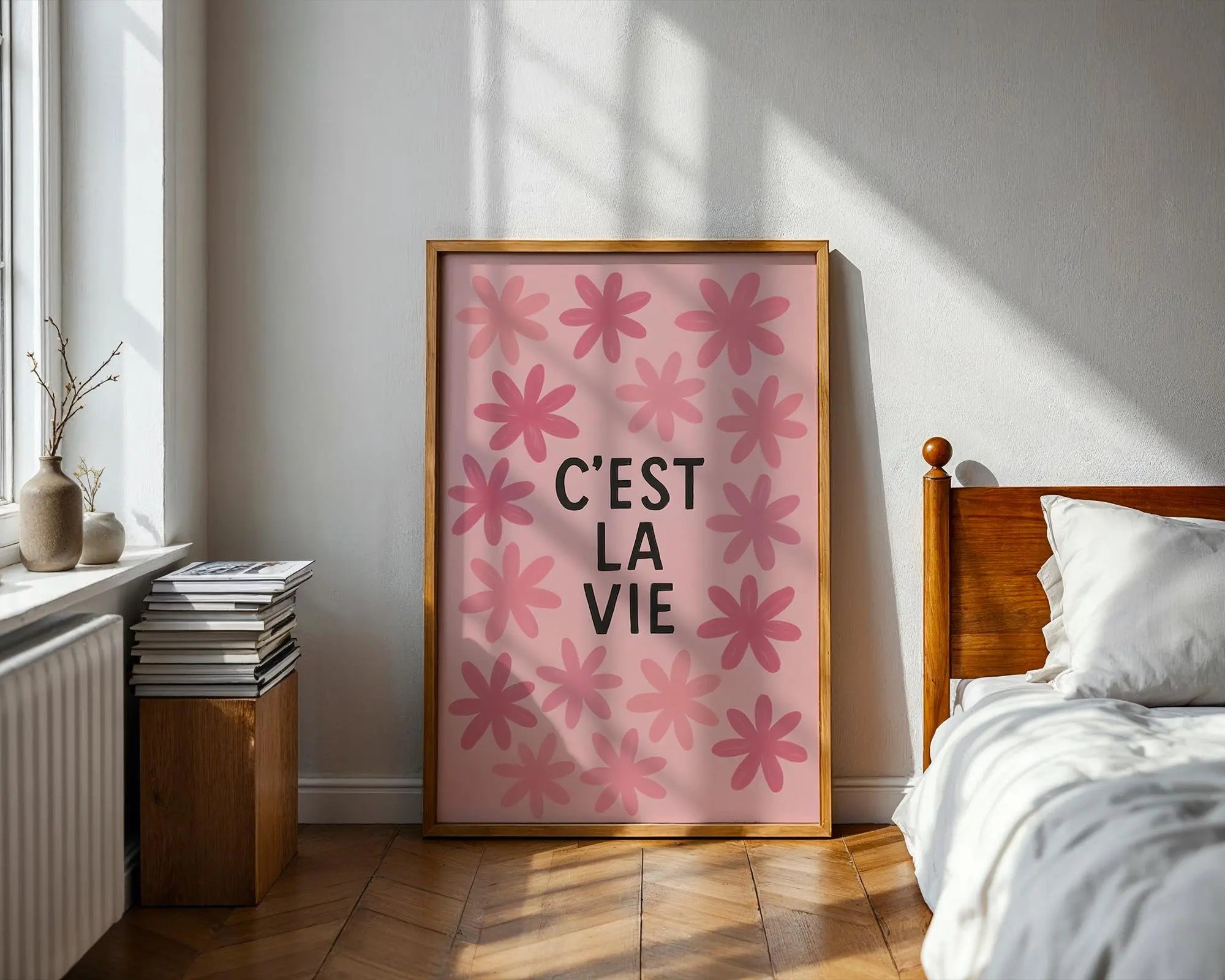 C’est La Vie Print | Pink Floral French Quote Poster wall art print, modern home decor, unframed artwork by Nomad & Nest