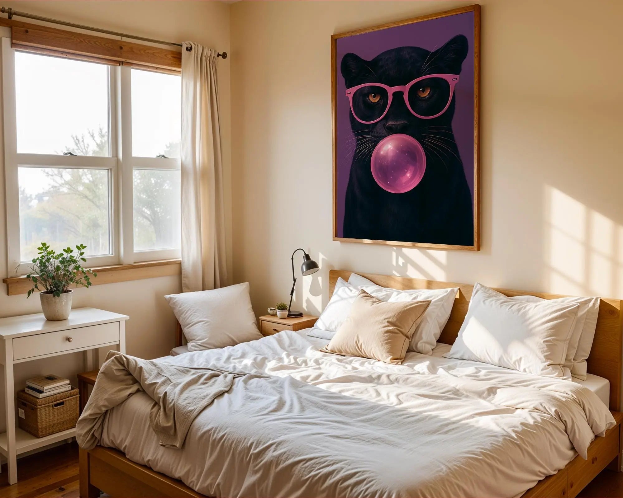 Colourful Prints | Panther with Bubblegum Print | Funky Animal Wall Art wall art print, modern home decor, unframed artwork by Nomad & Nest