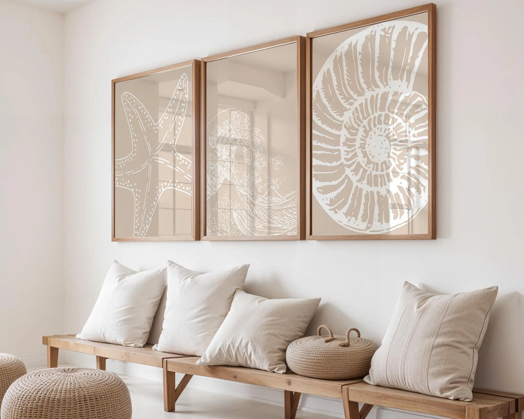 Colourful Prints | Coastal Print Set | Taupe Beach Art, Starfish, Wave, Shell wall art print, modern home decor, unframed artwork by Nomad & Nest