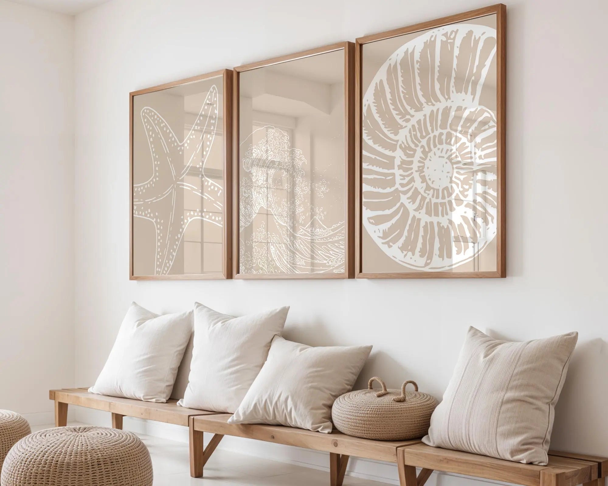 Colourful Prints | Coastal Print Set | Taupe Beach Art, Starfish, Wave, Shell wall art print, modern home decor, unframed artwork by Nomad & Nest