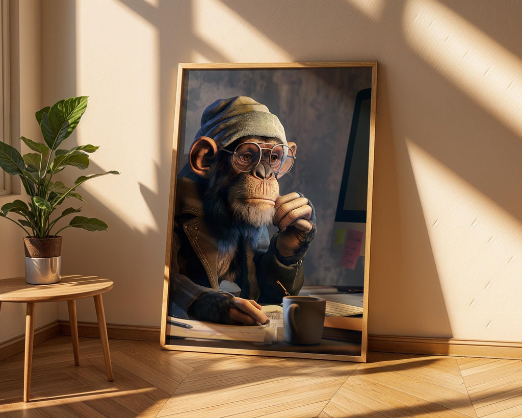 Thinking Chimp Art Print | Quirky Office Animal Portrait wall art print, modern home decor, unframed artwork by Nomad & Nest