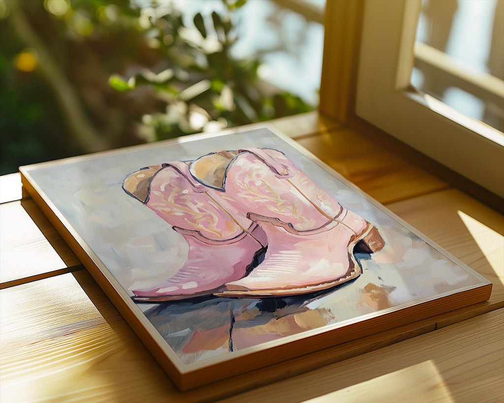 Pink Cowgirl Boots Oil Painting | Modern Western Art Poster wall art print, modern home decor, unframed artwork by Nomad & Nest