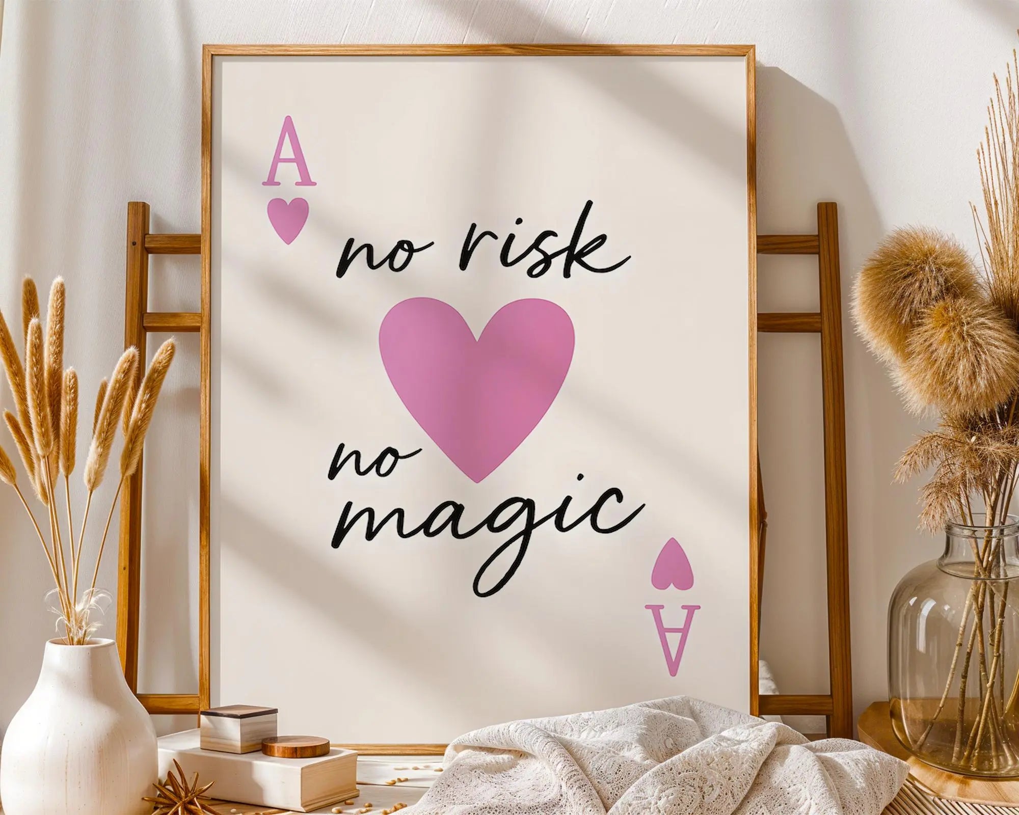 Motivational Quote Print – No Risk No Magic, Pink Heart Art wall art print, modern home decor, unframed artwork by Nomad & Nest