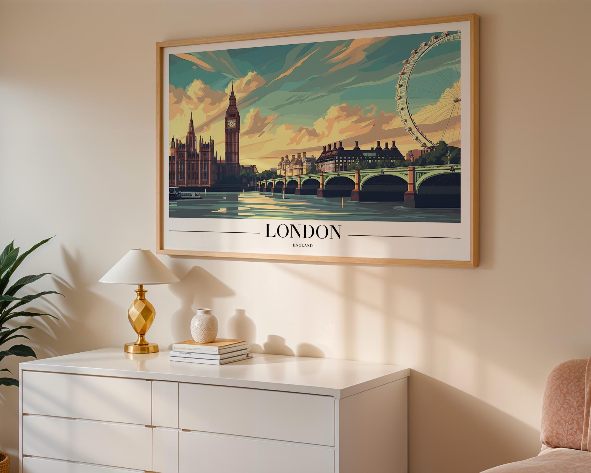 London Travel Poster | Big Ben, London Eye Art Print wall art print, modern home decor, unframed artwork by Nomad & Nest