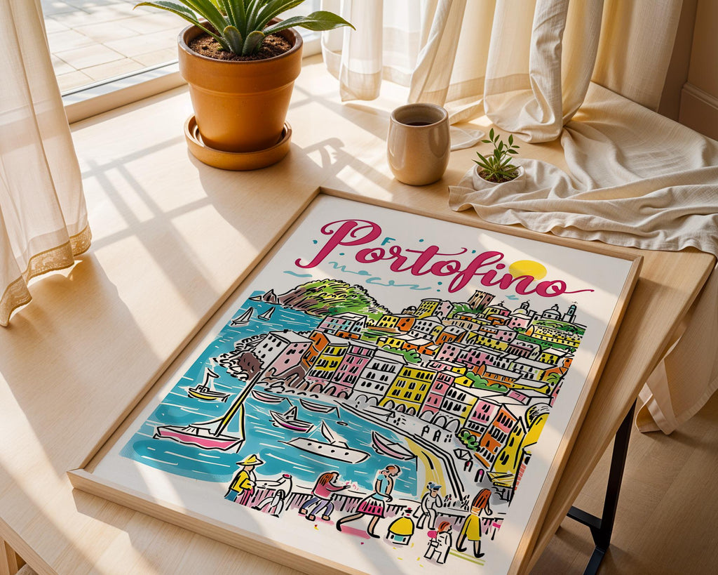 Portofino Italy Art Print | Colorful Italian Riviera Coastal Illustration wall art print, modern home decor, unframed artwork by Nomad & Nest