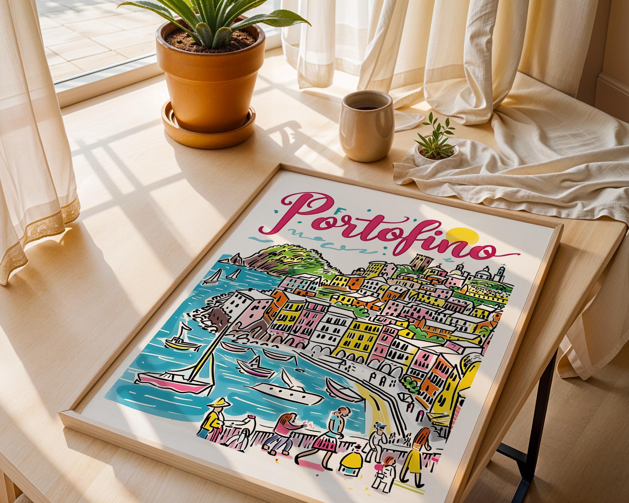 Portofino Italy Art Print | Colorful Italian Riviera Coastal Illustration wall art print, modern home decor, unframed artwork by Nomad & Nest