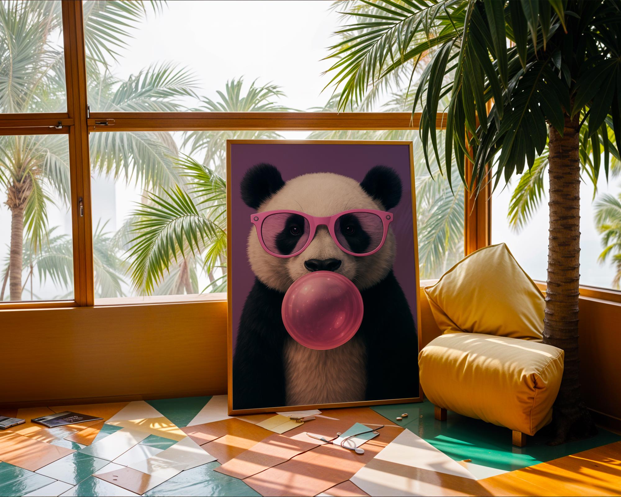 Colourful Prints | Funky Panda Bubblegum Print | Pink Glasses, Pop Art Vibes wall art print, modern home decor, unframed artwork by Nomad & Nest