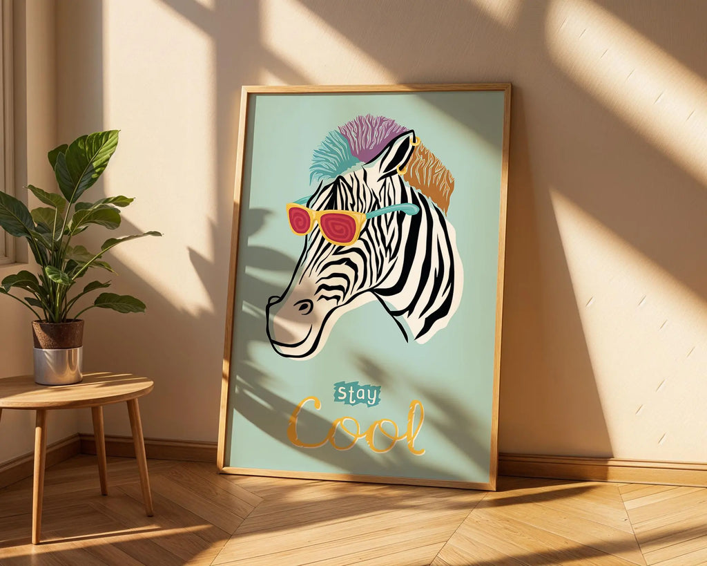 Cool Zebra Art Print | Fun Animal Poster with Sunglasses wall art print, modern home decor, unframed artwork by Nomad & Nest