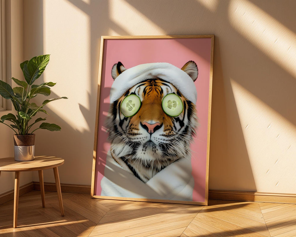 Colourful Prints | Tiger Spa Day Print | Funny Animal Wall Art wall art print, modern home decor, unframed artwork by Nomad & Nest
