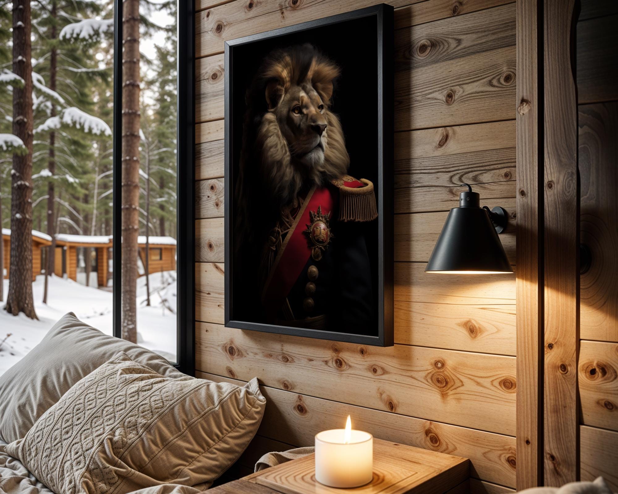 Majestic Lion Portrait Print | Regal Animal in Military Uniform wall art print, modern home decor, unframed artwork by Nomad & Nest