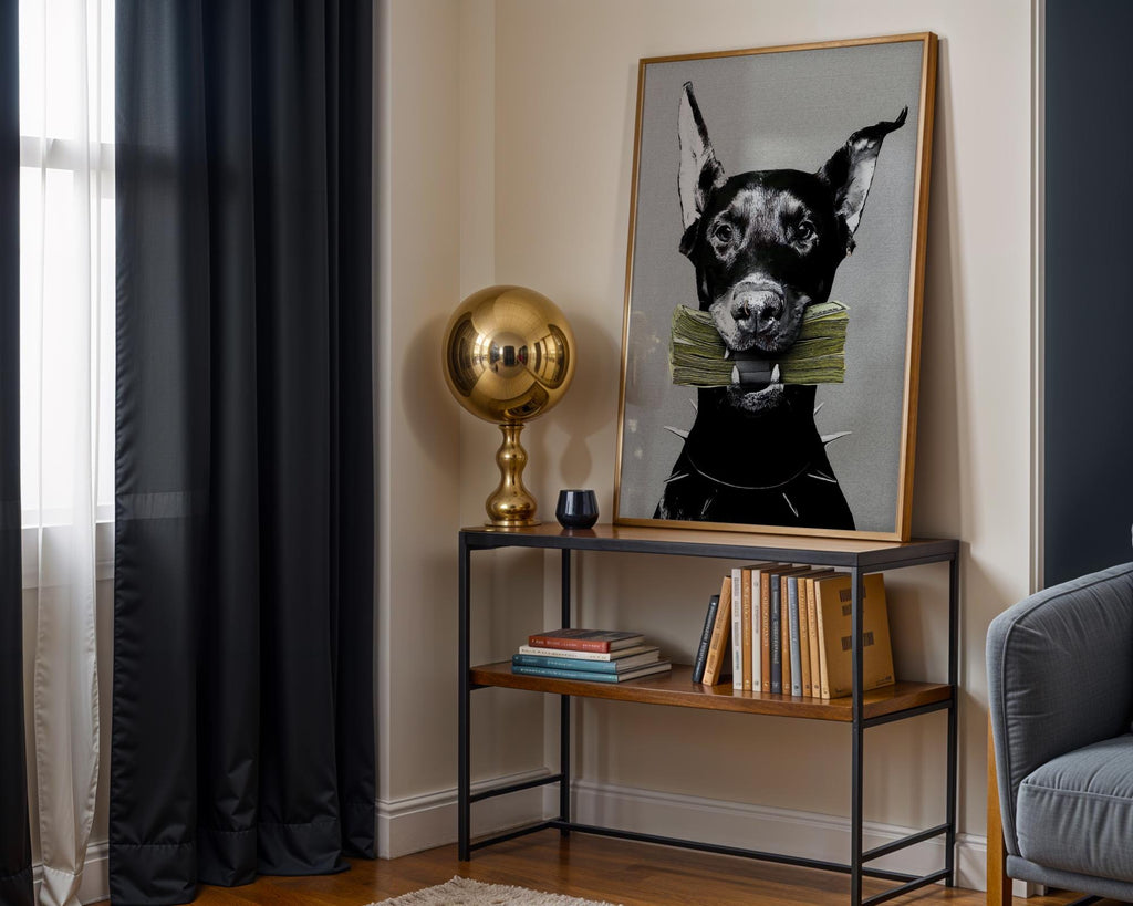Doberman with Cash Money Poster, Minimalist Dog Print, Entrepreneur Office Decor wall art print, modern home decor, unframed artwork by Nomad & Nest