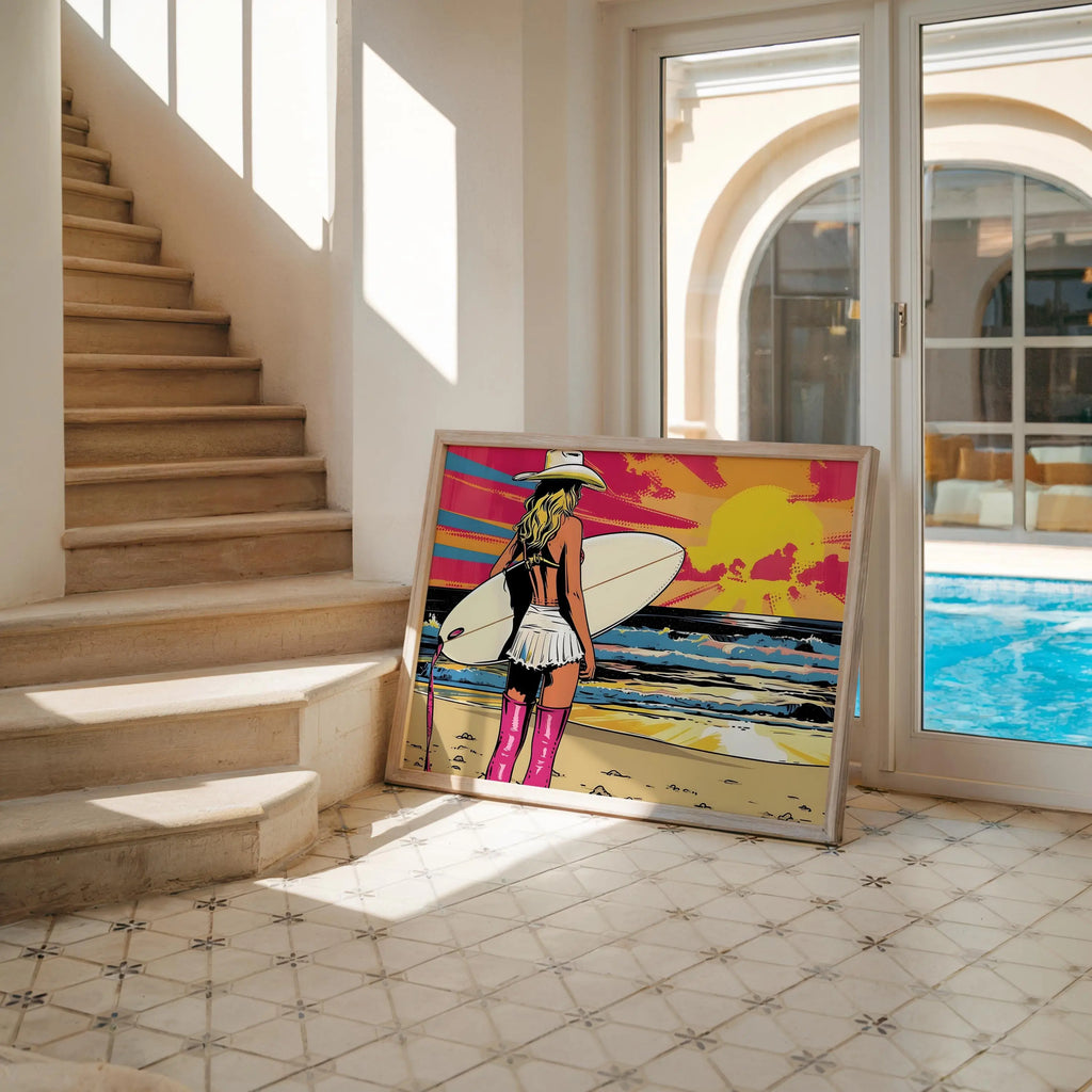 Modern Pop Art | Retro Cowgirl Surfer Beach Print |  Coastal  Decor wall art print, modern home decor, unframed artwork by Nomad & Nest