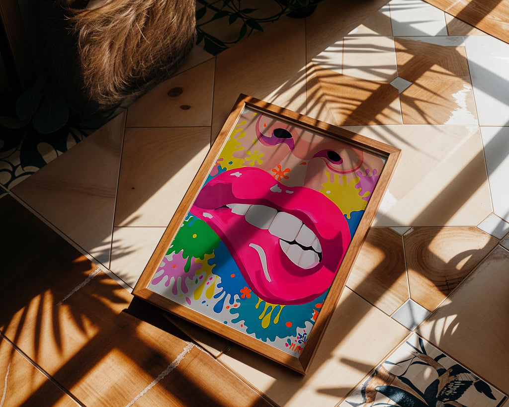 Modern Pop Art | Neon Pink Lips  Print | Retro Graffiti Mouth Illustration wall art print, modern home decor, unframed artwork by Nomad & Nest