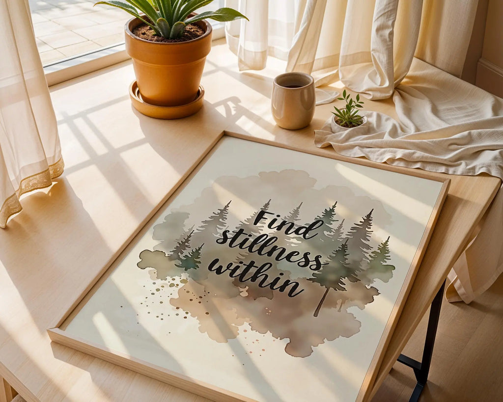 Positive Emotion | Find Stillness Within | Watercolor Forest Quote Art | Mindful Nature Print wall art print, modern home decor, unframed artwork by Nomad & Nest