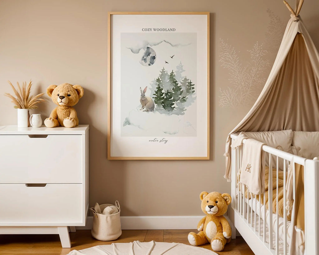 Playroom Ideas | Moonlit Bunny Nursery Wall Art | Woodland Night Animal Print wall art print, modern home decor, unframed artwork by Nomad & Nest