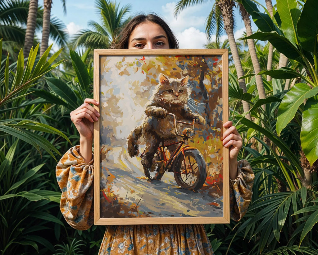 Autumn Cat Bicycle Print | Whimsical Fall Animal Wall Art wall art print, modern home decor, unframed artwork by Nomad & Nest