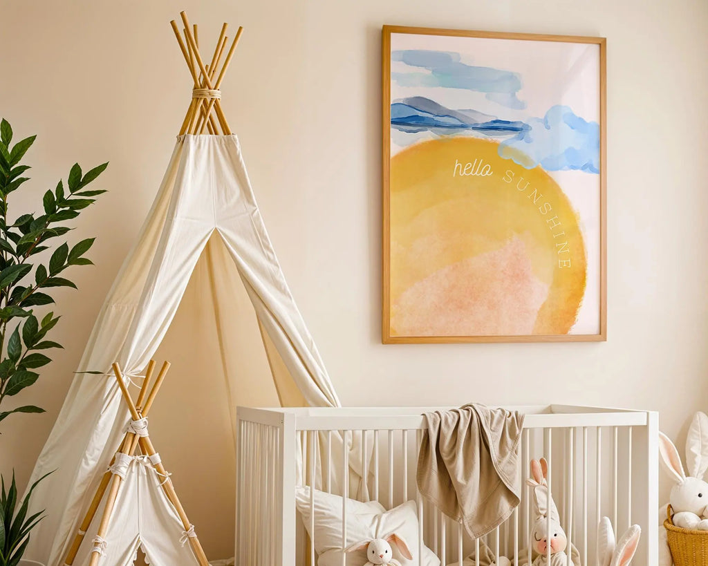 Playroom Ideas | Hello Sunshine Nursery Print | Warm Watercolour Wall Art wall art print, modern home decor, unframed artwork by Nomad & Nest