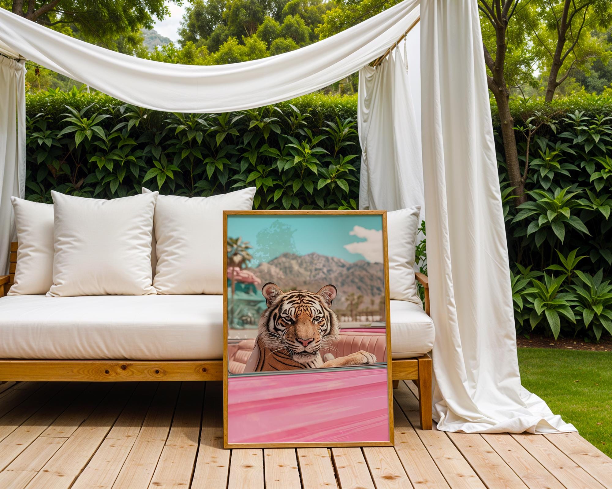 Tiger in Pink Convertible Print | Retro Palm Springs Wall Art wall art print, modern home decor, unframed artwork by Nomad & Nest