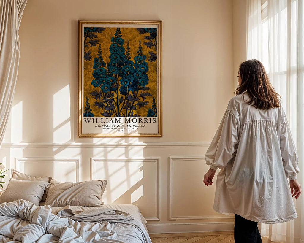 William Morris Print | Golden Botanical Wall Art Style Blue Delphinium Poster wall art print, modern home decor, unframed artwork by Nomad & Nest