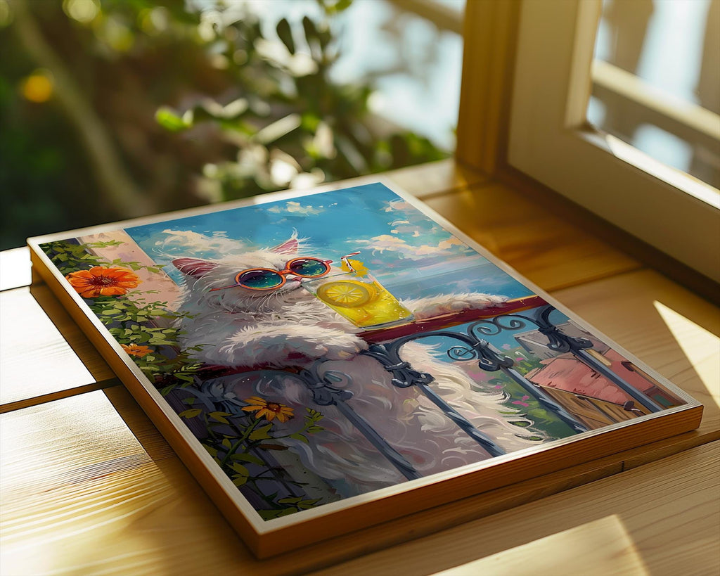 Colourful Prints | Funny Cat Print | Summer Balcony, Lemonade, Sunglasses wall art print, modern home decor, unframed artwork by Nomad & Nest