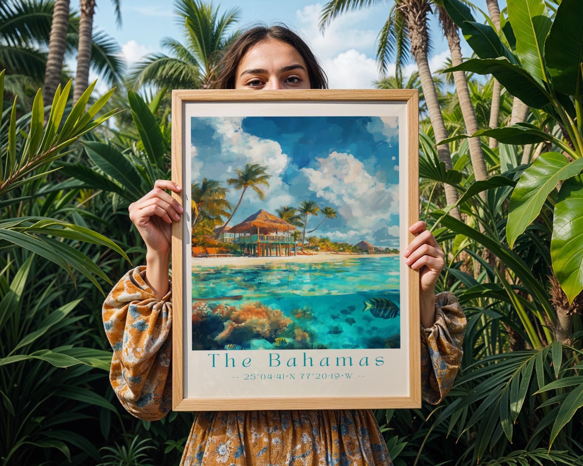 Bahamas Beach Print | Tropical Overwater Bungalow Poster wall art print, modern home decor, unframed artwork by Nomad & Nest