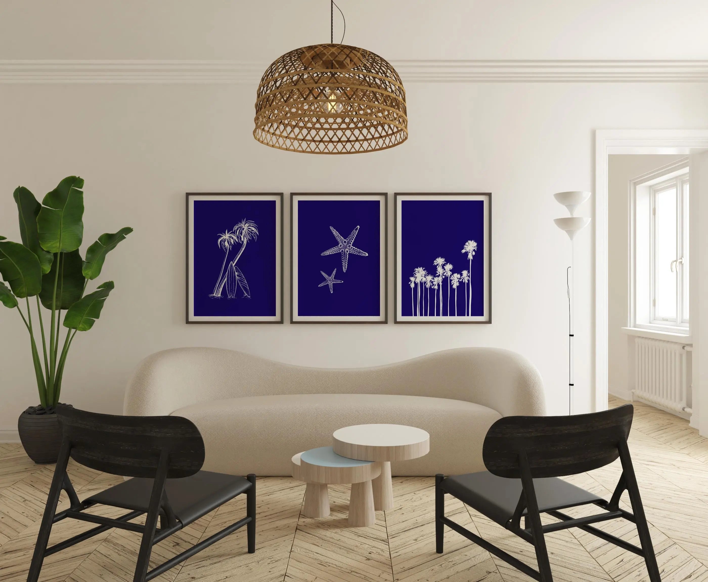 Colourful Prints | Deep Blue Beach Prints Set | Palm Trees, Starfish Art wall art print, modern home decor, unframed artwork by Nomad & Nest