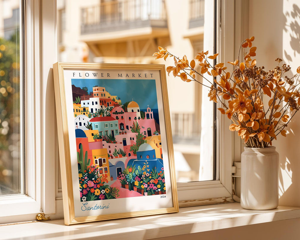 Santorini Flower Market Art Print | Colourful Greek Island Travel Poster wall art print, modern home decor, unframed artwork by Nomad & Nest