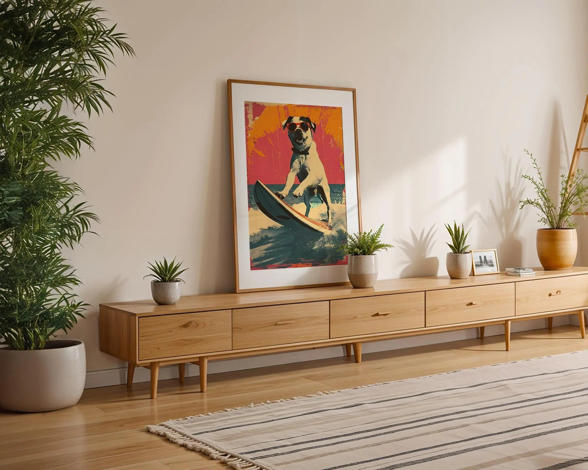 Modern Pop Art | Surfing Dog  Print | Retro Beach Poster, Coastal Decor wall art print, modern home decor, unframed artwork by Nomad & Nest