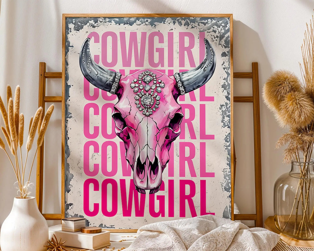 Pink Cowgirl Skull Art Print – Rhinestone Western Glam Decor wall art print, modern home decor, unframed artwork by Nomad & Nest