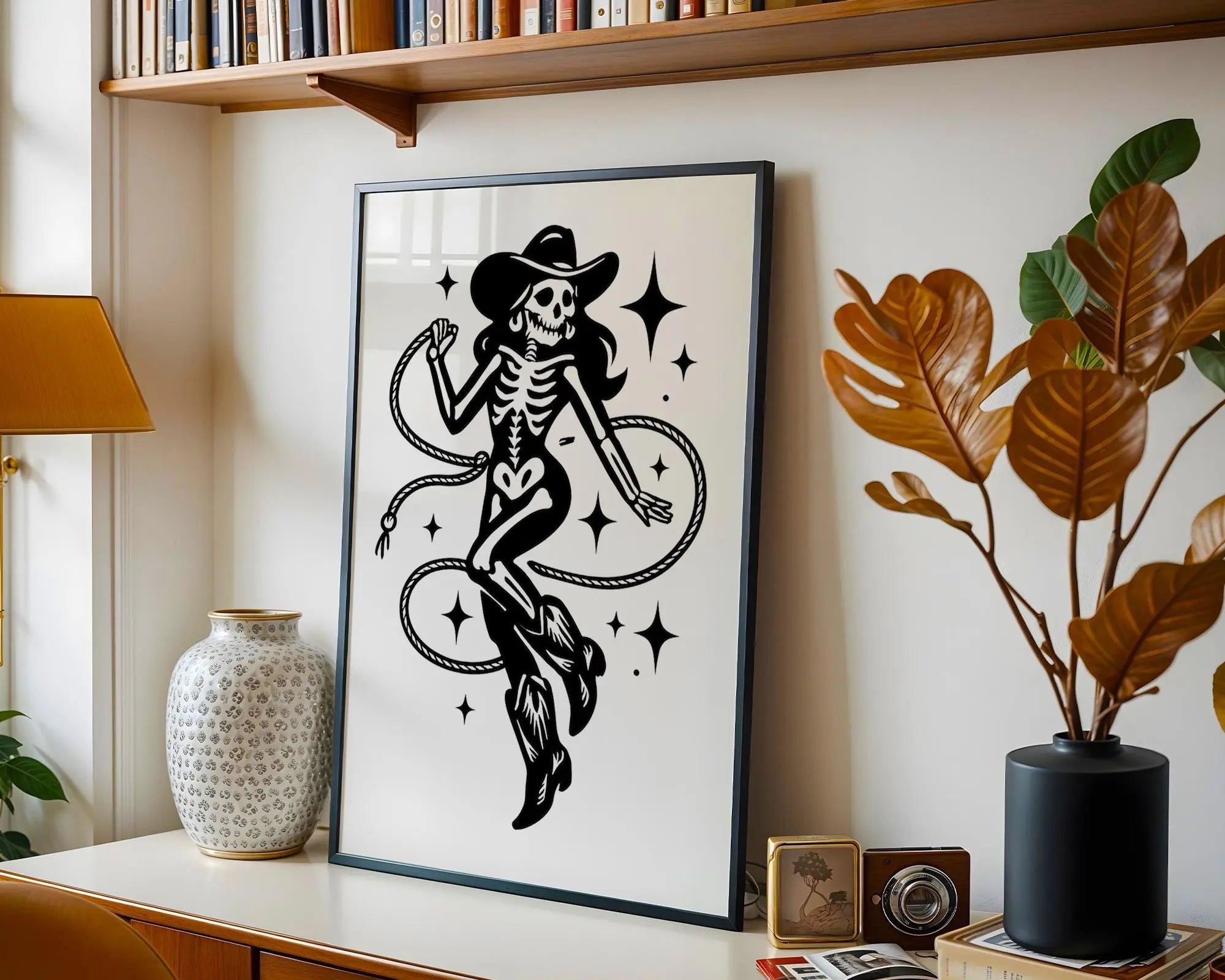 Gothic Cowgirl Skeleton Art Print – Dark Western Wall Decor wall art print, modern home decor, unframed artwork by Nomad & Nest
