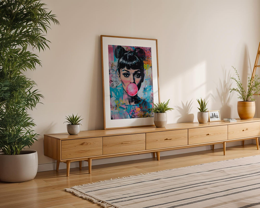 Modern Pop Art | Audrey Hepburn Bubblegum Print | Neon Graffiti wall art print, modern home decor, unframed artwork by Nomad & Nest
